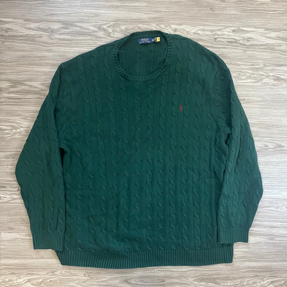 Polo Ralph Lauren Mens 4XLT Green Cable Knit Cotton Crewneck Sweater 467